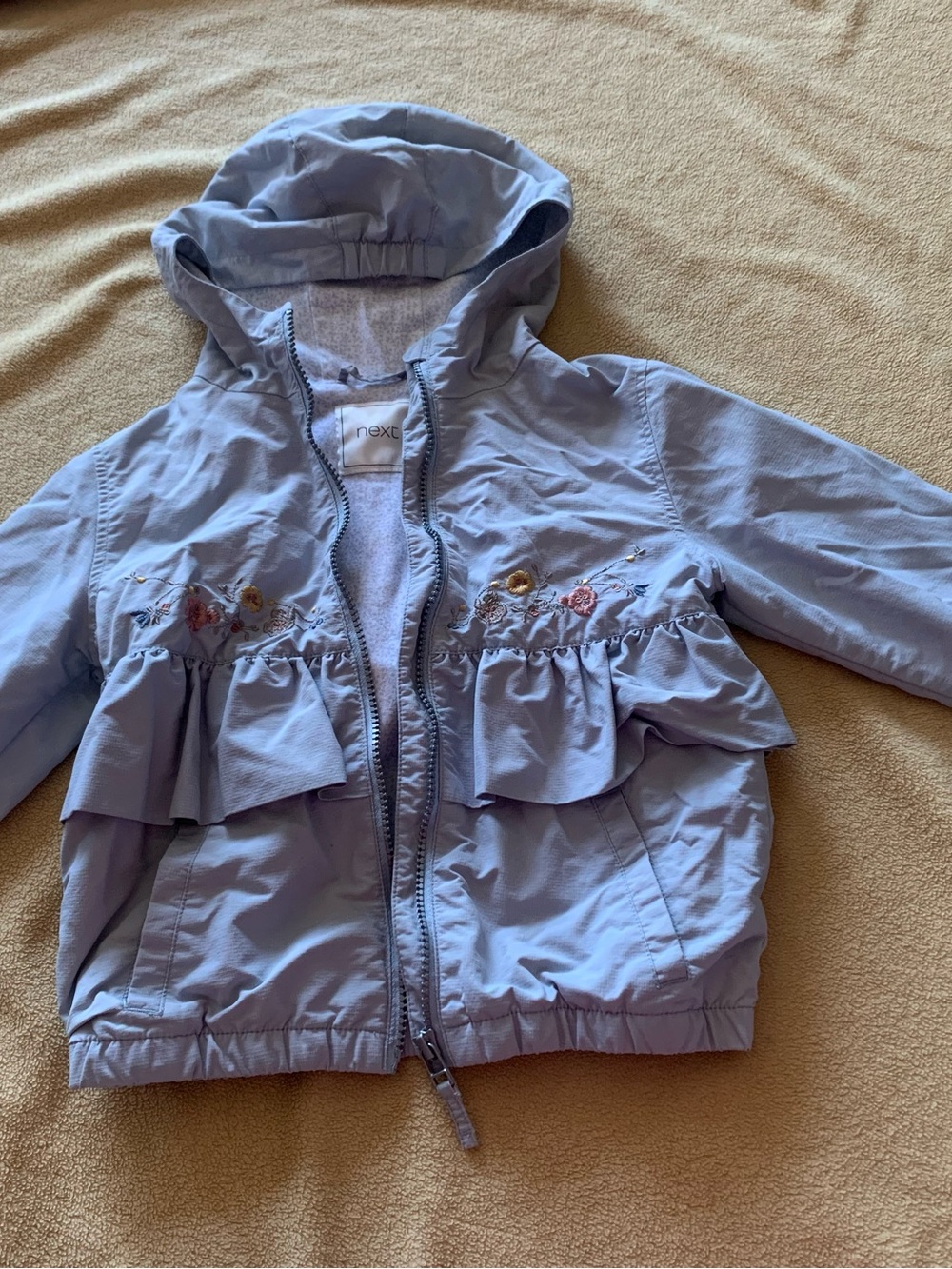 next Light Blue Hooded Ruffle Raincoat with Floral Embroidery age 5-6